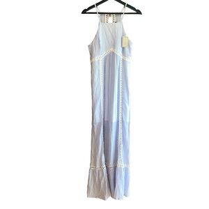 Doe & Rae Maxi Shift Dress Sz S Blue Cream Sleeveless Spaghetti Strap Lined NWT